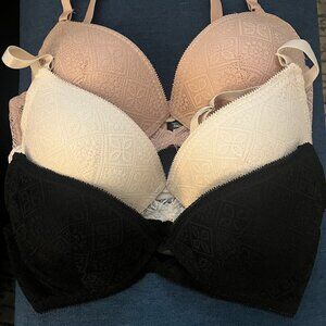 Bras 3 Piece Set 36D Lace Black Pink Nude Padded Demi